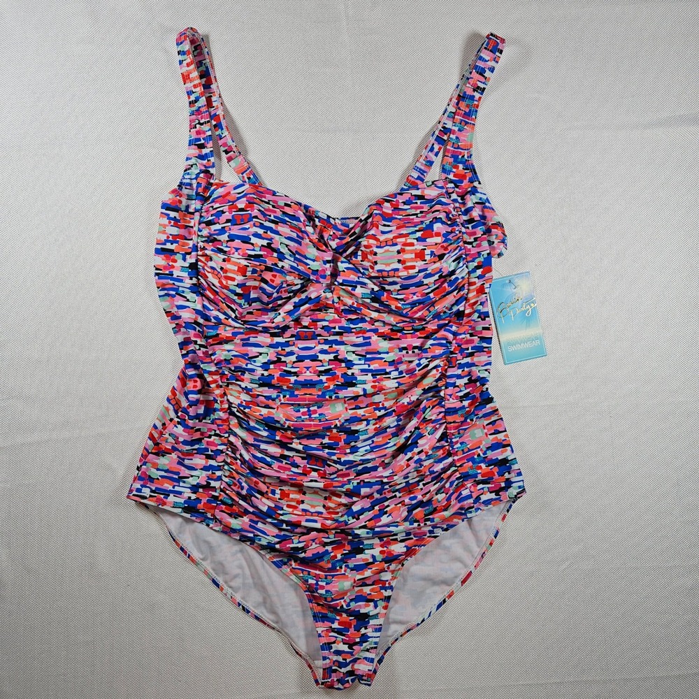 NWT Beach Party Swimwear Womens Ruched One Piece Swimsuit Abstract Print Size 22